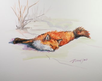 Printing of sold Original Watercolor Painting, Fox Sleeping in Snow, 3 size option,  2006/0626/13