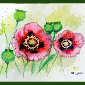 Original Water Color Painting, Red Poppy Flowers, 8"x10",1608146