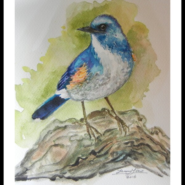 Original Water color painting, blue bird with white color, With mat 8"x10", 160284