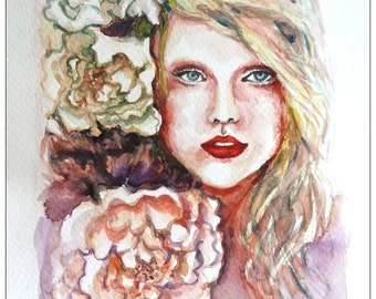 Original Water Color Painting, Girl with flower I, 10&quot;x8&quot;, 0906165