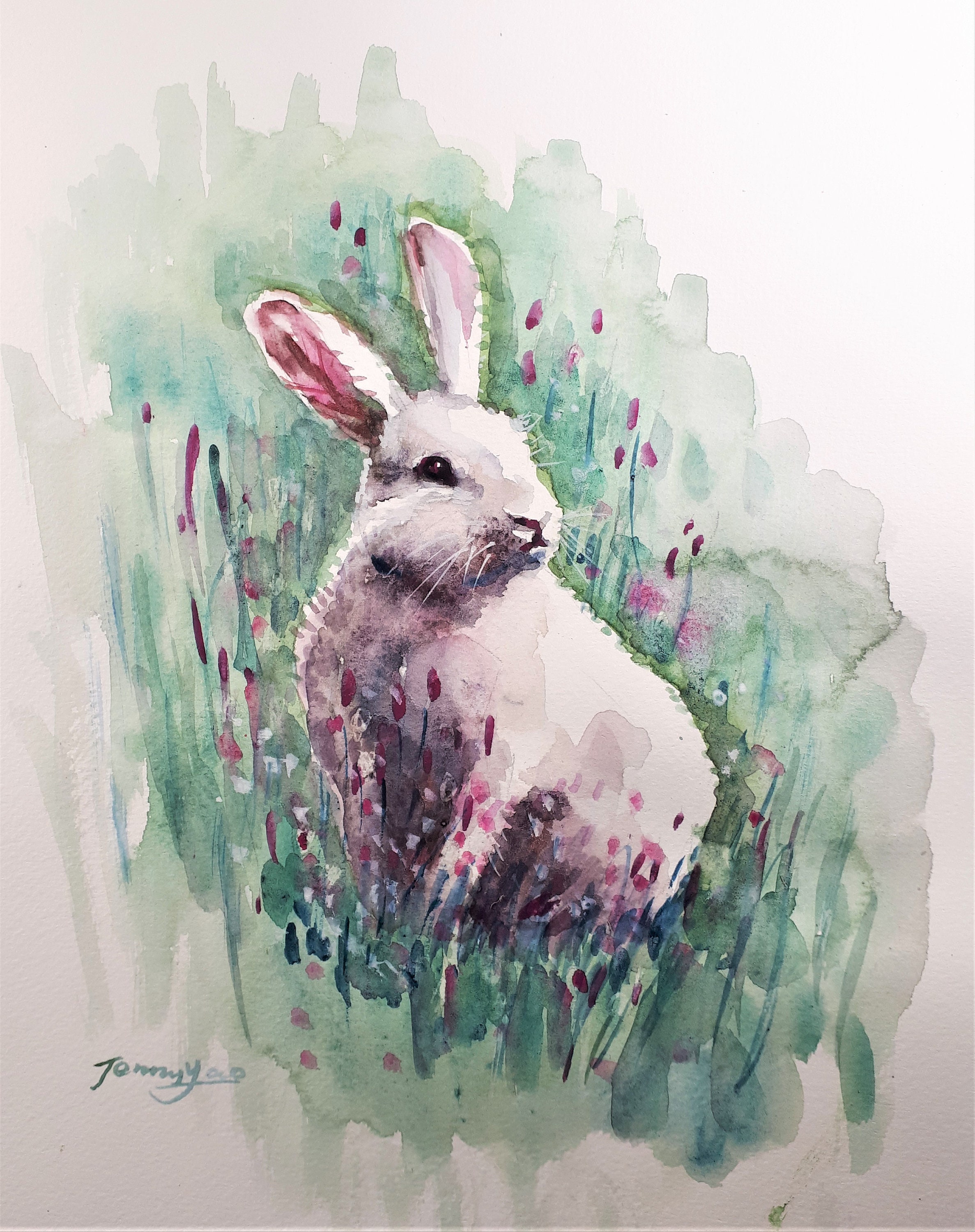 水彩画 原画 時計うさぎ 水彩画 原画 時計うさぎ