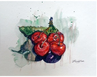 Original Water Color Painting, Red Cherry, 8&#39;x10&quot;, 1909223