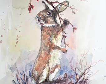 Printing of sold original Watercolor Painting, Rabbit in Fall, 210401,