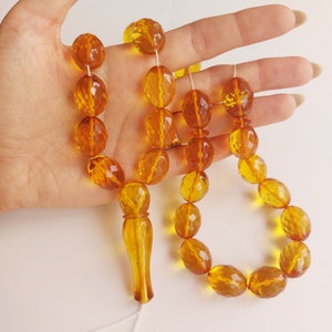 Faceted Handmade Baltic Amber Tespih Orange Yellow Cognac Misbaha 33 Olive Beads 64 g