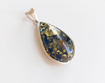 Blue and Green Amber Pendant 925 Silver