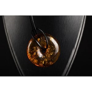Cognac Baltic Amber Pendant  Donut with Leather cord