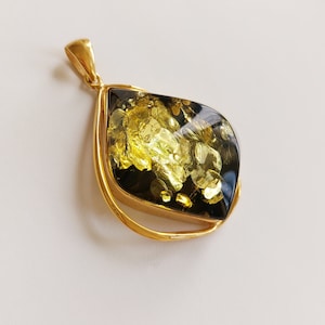 Green Baltic Amber Pendant, Gold-plated 925 Silver