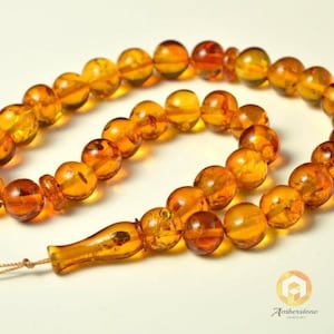 Oval Baltic Amber Beads Islamic Koran Prayer Beads 33 Amber Beads Orange Gold Color 34.5 g
