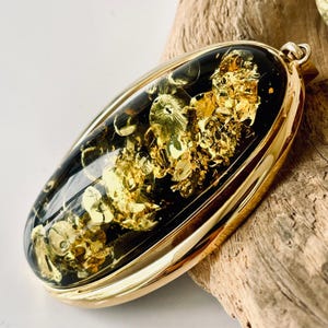 Big Oval Green Amber Pendant in Gold-Plated Setting