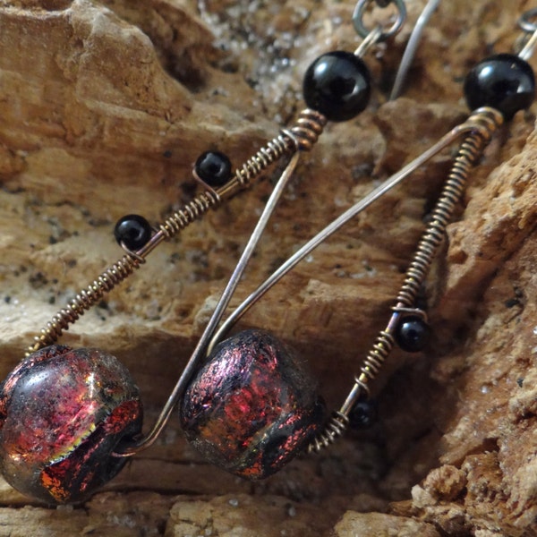 Long dangling basha bead earrings sterling silver black onyx unique earrings boho primitive women's earrings Roman glass beads garnet