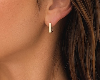 Rectangle Huggie Earrings, Gold Filled or Sterling Silver Hoop Earrings, Minimal Everyday Jewelry