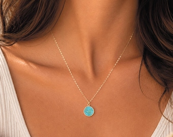 Turquoise Gold Round Pendant Necklace, Gold Filled Natural Stone, Minimal Dainty Jewelry