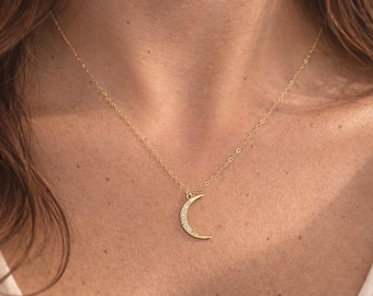Moon Necklace, CZ Lunar-Moon Pendant, Waterproof Celestial Jewelry, Dainty Everyday Gift for Her