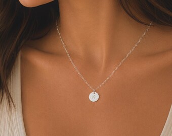 Personalized Disc Necklace, Sterling Silver Hand Stamped Initial Charm, Minimal Dainty Layering Jewelry