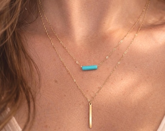 Turquoise & Bar Necklace, Dainty Layered Set, Petite layering Jewelry, Minimalist Necklace, Gift for Her
