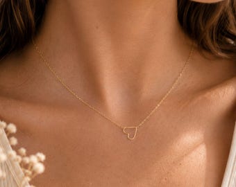 Open Heart Necklace, Dainty Gold Filled Heart Pendant, Sterling Silver
