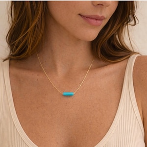 Turquoise Tube Necklace, Gold Filled or Sterling Silver, Dainty Minimal Layering Necklace