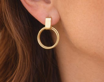 Modern Drop Dangle Hoops, Gold Filled Minimalist Statement Jewelry