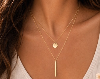 Dainty Layered Necklace Set, Gold Filled Charm & Bar Necklace, Minimal Layering Jewelry