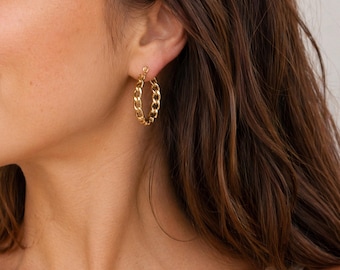Curb Chain Hoop Earrings, 18K Gold Filled, Sterling Silver, Cuban Link Hoops