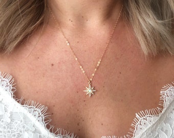 Star Burst CZ Opal Necklace / Star Necklace / Opal Necklace /14k Gold filled Opal