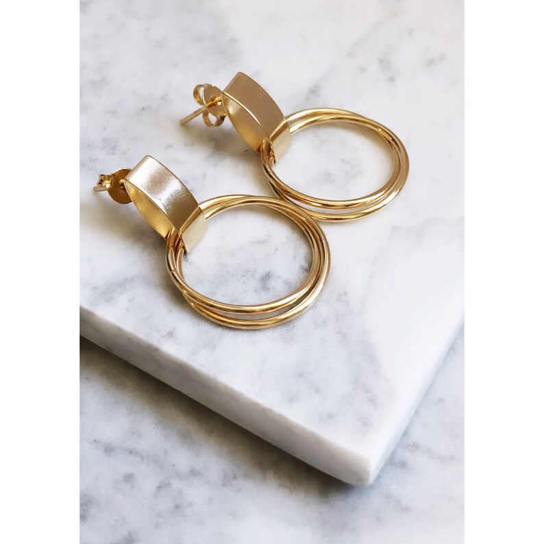 18k Gold Fill Modern Earrings / Chic Earrings / Drop Dangle Hoop Earrings / 18k Gold Filled image 3