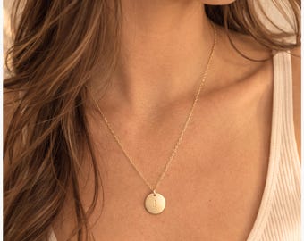 Personalized Initial Disc Necklace Gold Filled or Sterling Silver, Custom Charm Gift