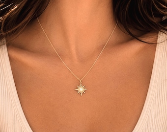 Opal Starburst Necklace, Gold Filled or Sterling Silver Pendant, Minimal Dainty Layering Jewelry