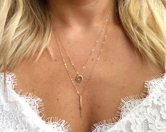 Delicate layered necklace set of two / Vertical bar necklace / personalized charm necklace /14k Gold Filled / Sterling Silver