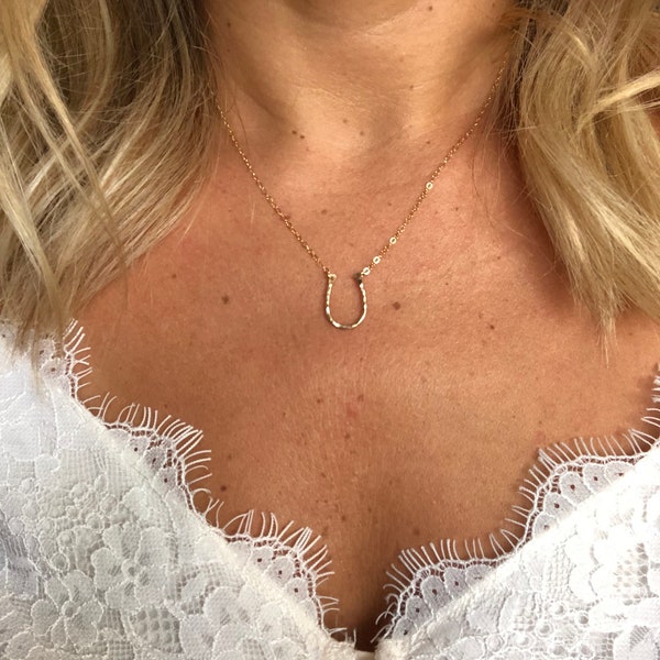 10k Rose Gold Open Horseshoe Charm Pendant - Dainty Good Luck Necklace, Solid Gold Jewelry