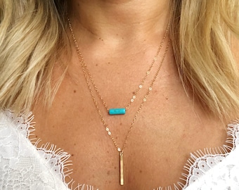 Dainty Vertical Bar and Turquoise tube Layering Set / Minimalist / Gift for her / Boho Chic