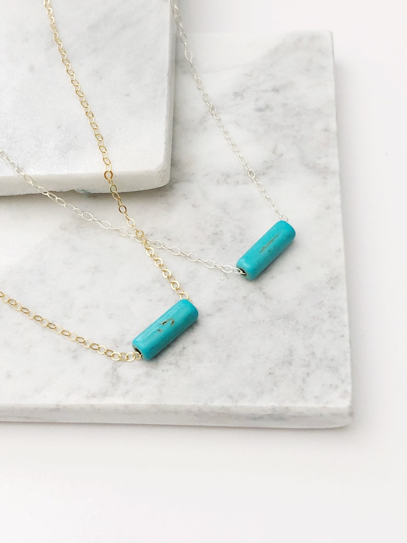 Dainty Turquoise Tube Bead Necklace / 14k Gold Filled / Sterling Silver / Minimalist Necklace image 3