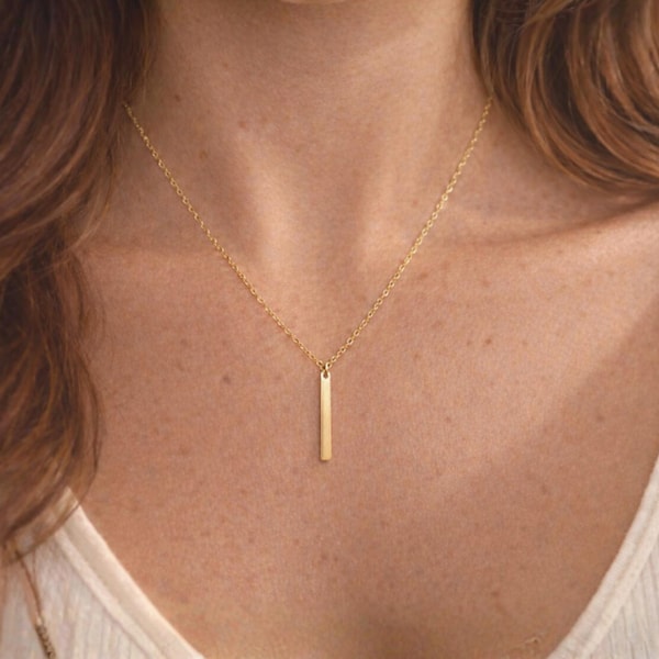 Delicado collar de barra vertical, chapado en oro de 14 k, plata de ley, colgante minimalista y delgado, ideal para usar a diario.