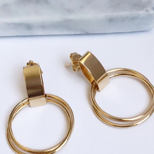 18k Gold Fill Modern Earrings / Chic Earrings / Drop Dangle Hoop Earrings / 18k Gold Filled image 2