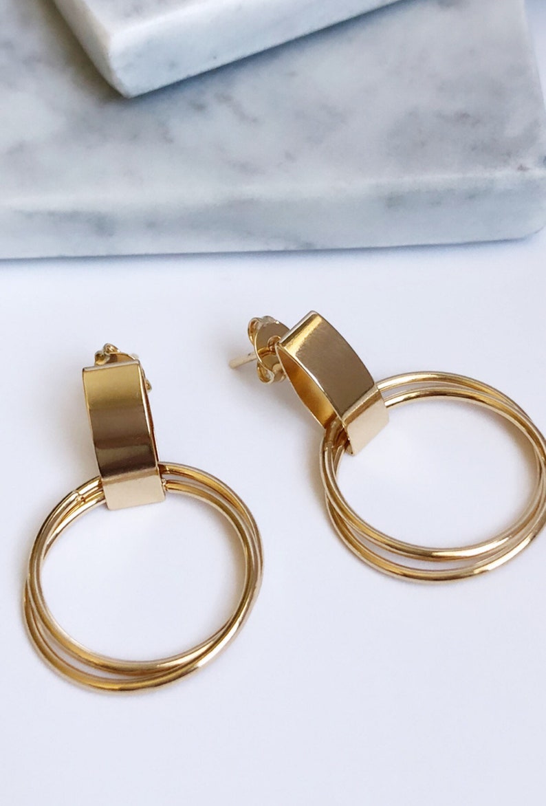 18k Gold Fill Modern Earrings / Chic Earrings / Drop Dangle Hoop Earrings / 18k Gold Filled image 2
