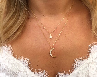 Lunar Moon Necklace / Petite Star necklace/ Layering Set  / Gold Filled