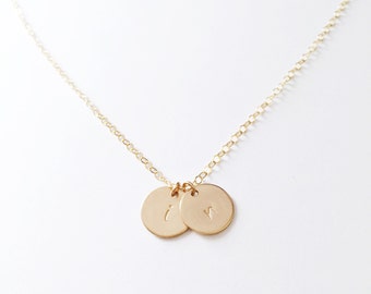 Hand Stamped /charm/ initial necklace in 14k Gold filled /dainty necklace