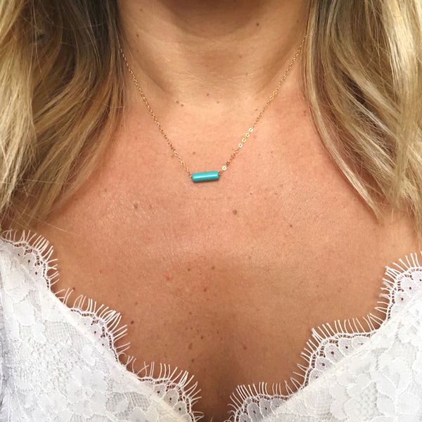Dainty Turquoise Tube Bead Necklace / 14k Gold Filled / Sterling Silver / Minimalist Necklace