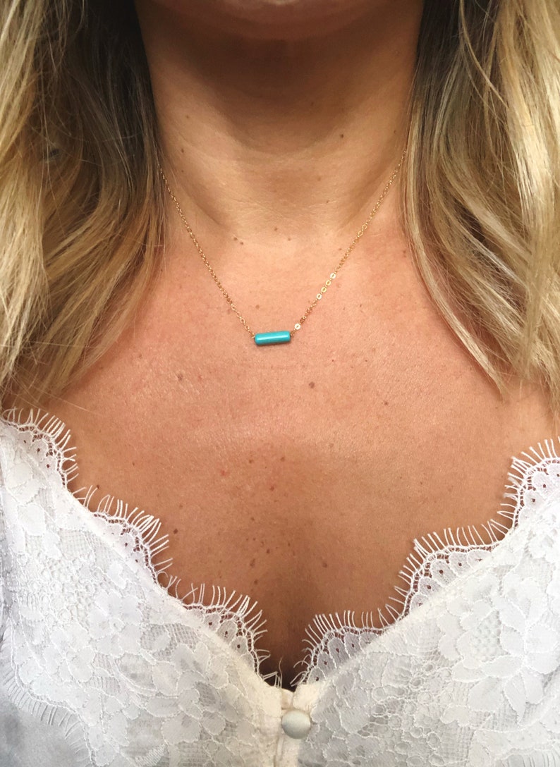 Dainty Turquoise Tube Bead Necklace / 14k Gold Filled / Sterling Silver / Minimalist Necklace image 1