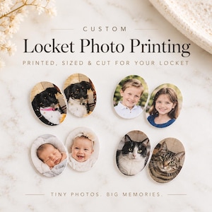 May include: Custom locket photo printing service featuring oval-shaped photographs of pets, children, and infants. The text reads: CUSTOM Locket Photo Printing, PRINTED, SIZED & CUT FOR YOUR LOCKET, and TINY PHOTOS. BIG MEMORIES. Eight oval photos are displayed.