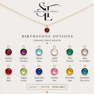 Pu&ograve; includere: Una collana color oro con un ciondolo di pietra rossa. Sotto, una selezione di opzioni di pietre della nascita in vari colori, tra cui granato, ametista, acquamarina, cristallo, smeraldo e altri. Il testo "SIMPLE LITTLE THINGS" e "BIRTHSTONE OPTIONS" sono visibili.