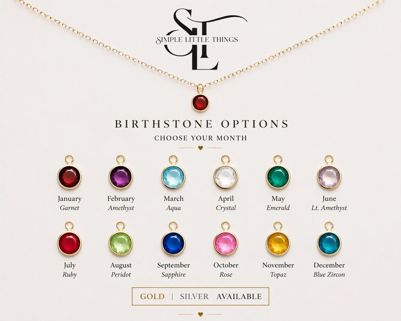 Pu&ograve; includere: Una collana color oro con un ciondolo di pietra rossa. Sotto, una selezione di opzioni di pietre della nascita in vari colori, tra cui granato, ametista, acquamarina, cristallo, smeraldo e altri. Il testo "SIMPLE LITTLE THINGS" e "BIRTHSTONE OPTIONS" sono visibili.