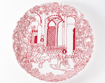 Side plate: intricate Indian red Haveli design on fine bone china - two dancers