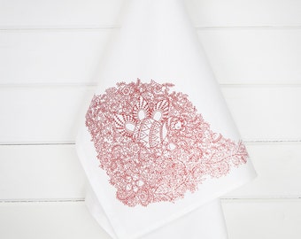 Tea towel: intricate Indian red Haveli design on 100% cotton
