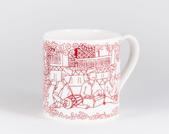 Mug: intricate Indian red Haveli design on fine bone china - musicians