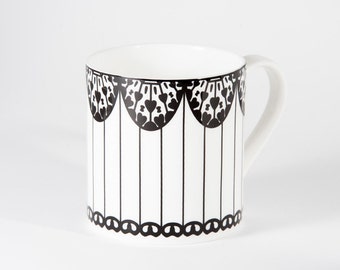 Mug: elegant black and white Paper Kite design on fine bone china