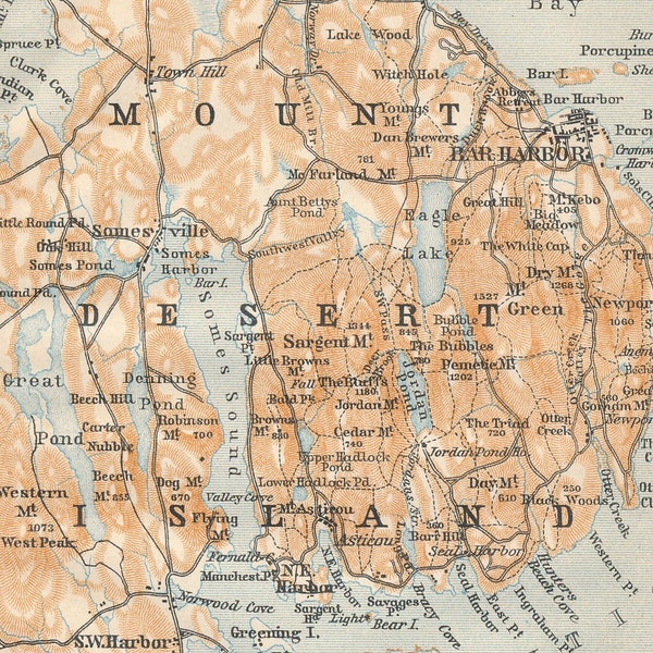 1905 Mount Desert Island Maine & Bar Harbor Antique Map