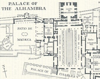 1964 The Alhambra, Granada Spain Vintage Map