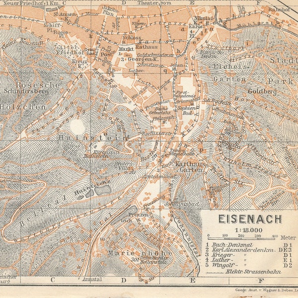 Eisenach Deutschland Antike Landkarte 1913