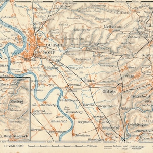 Mapa antiguo de Dusseldorf, Alemania, 1926